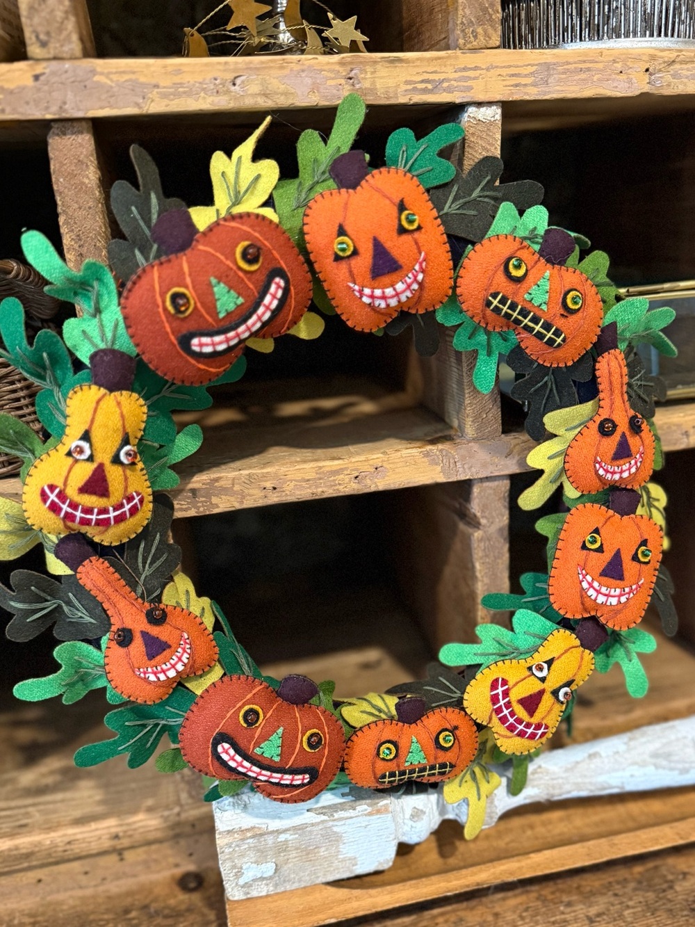 Pumpkin Felt Fall Halloween Wreath - Orange & Green